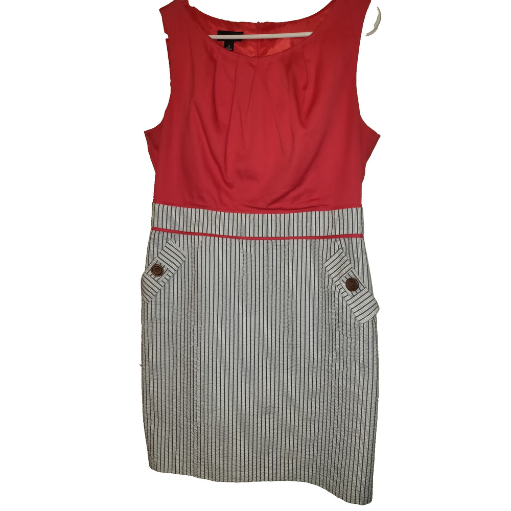 Alyx Seersucker Dress Sz 14 Red Gray Nautical Pockets Boating Lined Sleeveless - Picture 2 of 16